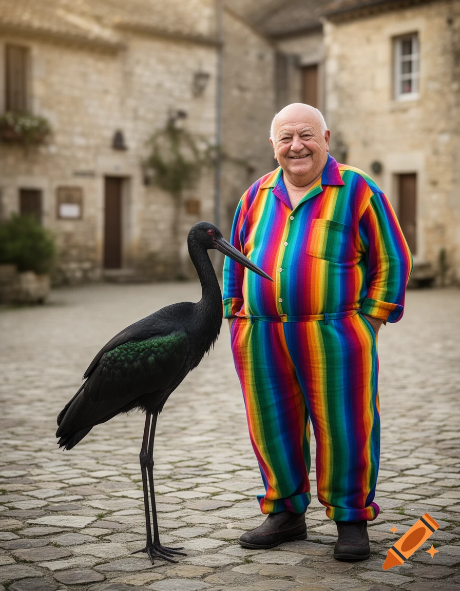 A smiling old bald man in a vibrant rainbow jumpsuit stands on a cobblestone street with a black stork next to him in a European village.
