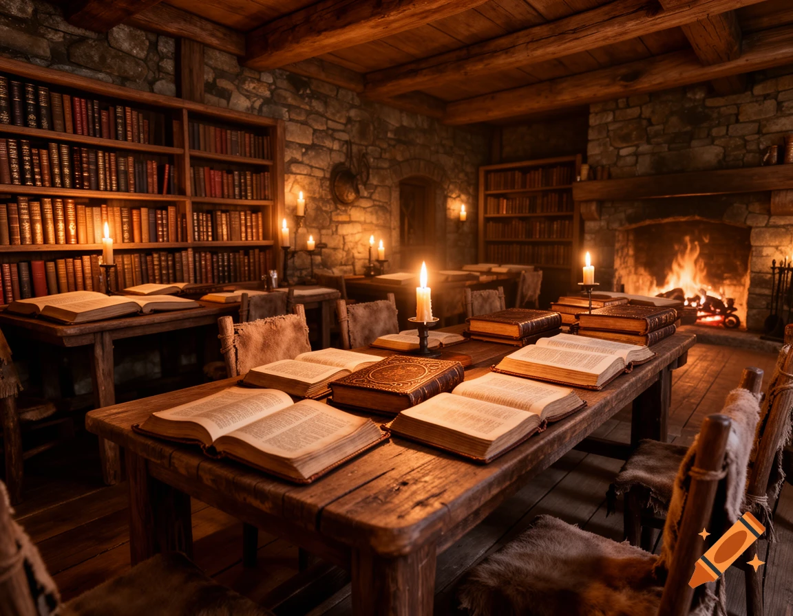 A cozy, candlelit medieval library with open books on wooden tables, surrounded by bookshelves and a stone fireplace.