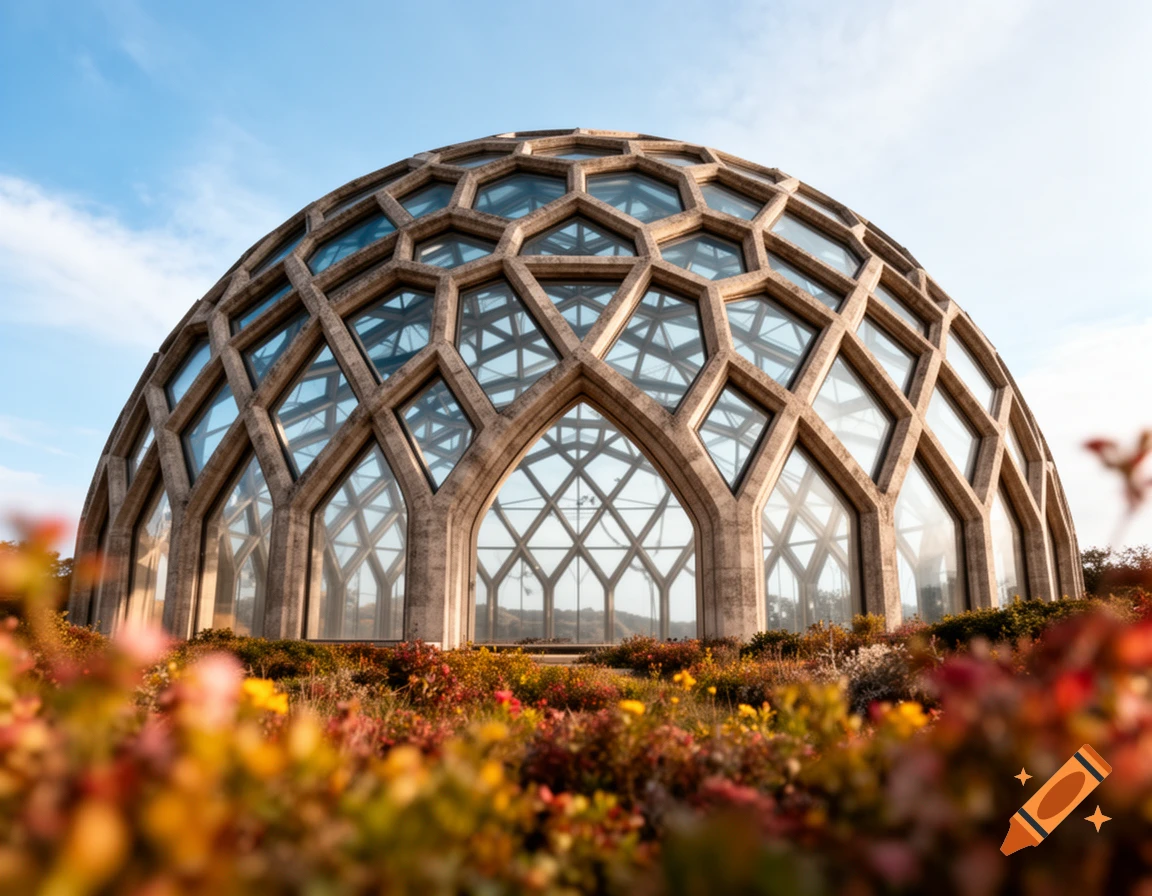 A photorealistic geodesic dome with stone and glass windows, surrounded by colorful flowers under a clear blue sky.