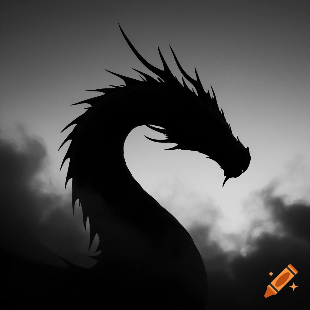 Black and white silhouette of a dragon's head with prominent spikes, set against a cloudy, moody sky.