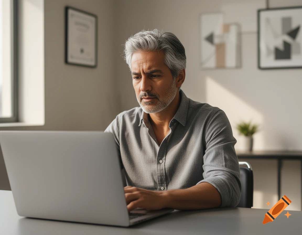 Middle-aged man with gray hair and a beard working intently on a silver laptop at a desk.