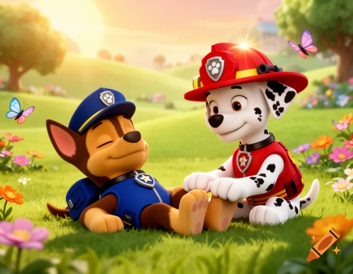 Cartoon Paw Patrol character Chase gets a foot massage from Marshall in a sunny, flower-filled field.
