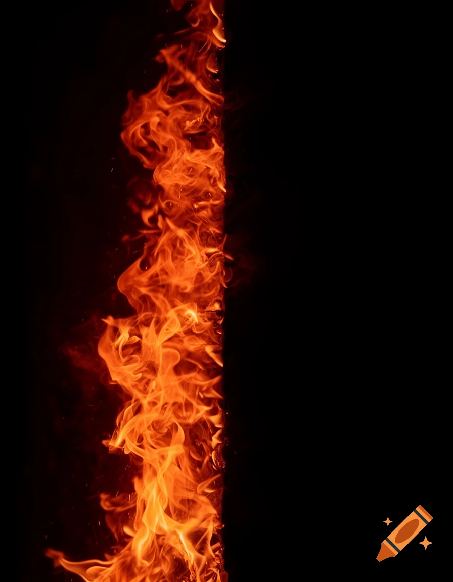 Bright orange and yellow flames rise along the left side of a dark, vertical background.