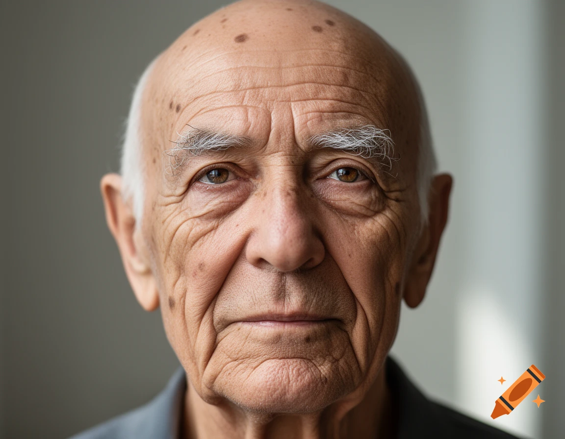 Close-up, hyperrealistic portrait of an elderly bald man with many wrinkles and white eyebrows looking directly forward.
