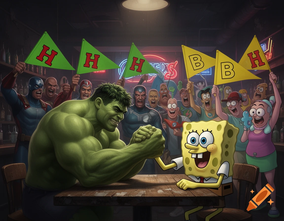 Hulk and Spongebob arm wrestle in a bar as their respective supporters, including Avengers and Bikini Bottom characters, cheer them on with flags.