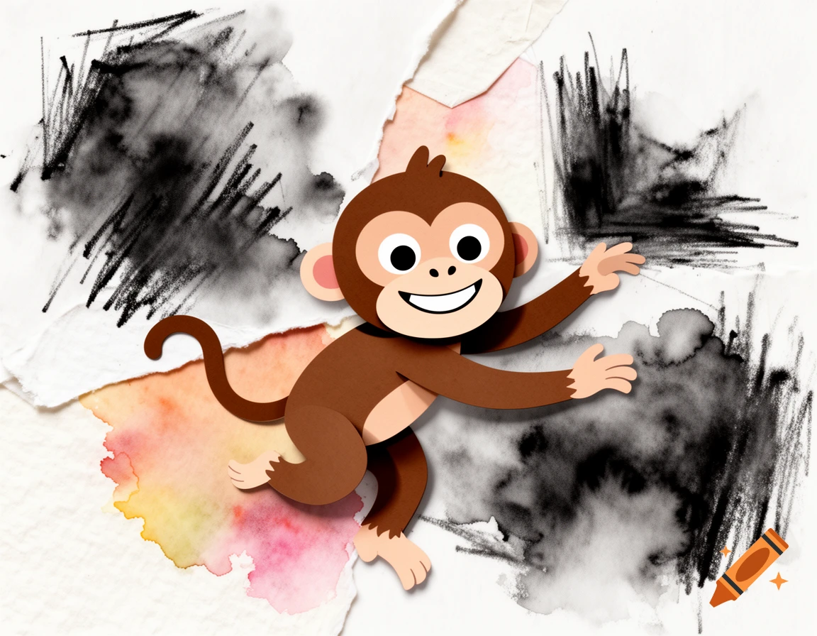 A smiling cartoon monkey in a cut-paper collage style, jumping with arms outstretched against a background of watercolor splashes and black charcoal scribbles on textured paper.