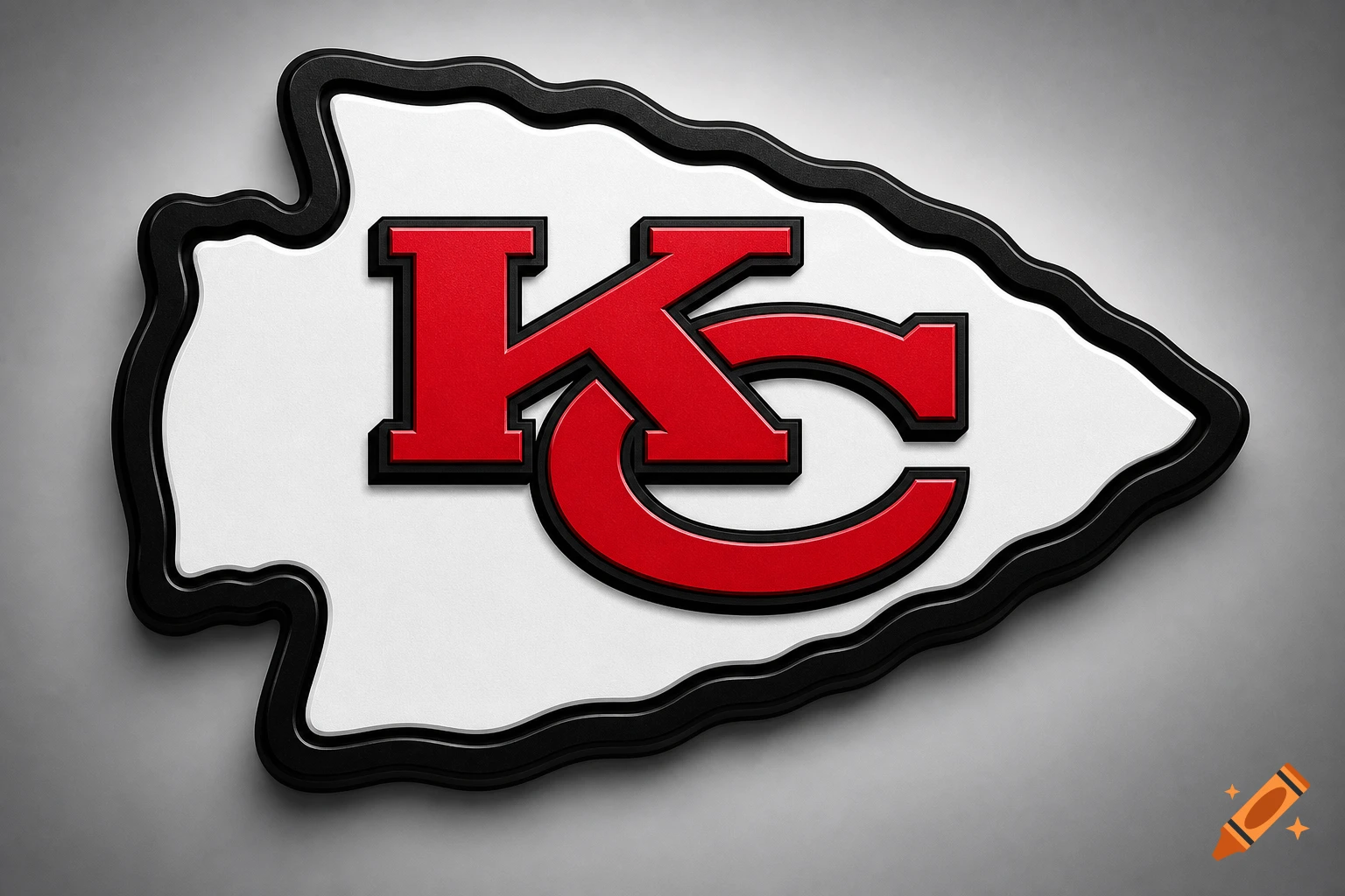 A 3D rendered Kansas City Chiefs logo with red 'KC' on a white arrowhead shape, outlined in black.