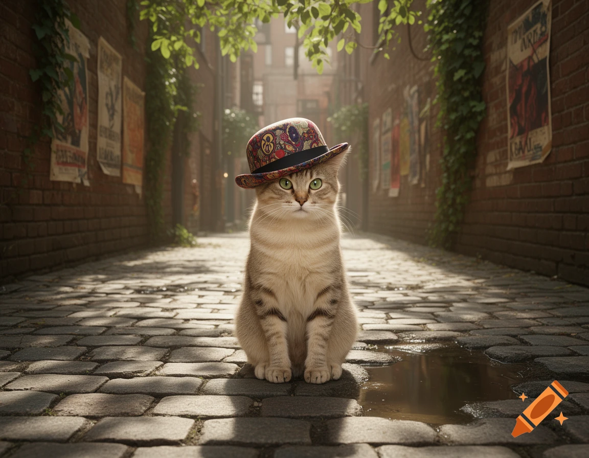 A photorealistic cat in a patterned bowler hat sits in a sunlit cobblestone alley with brick walls and posters.