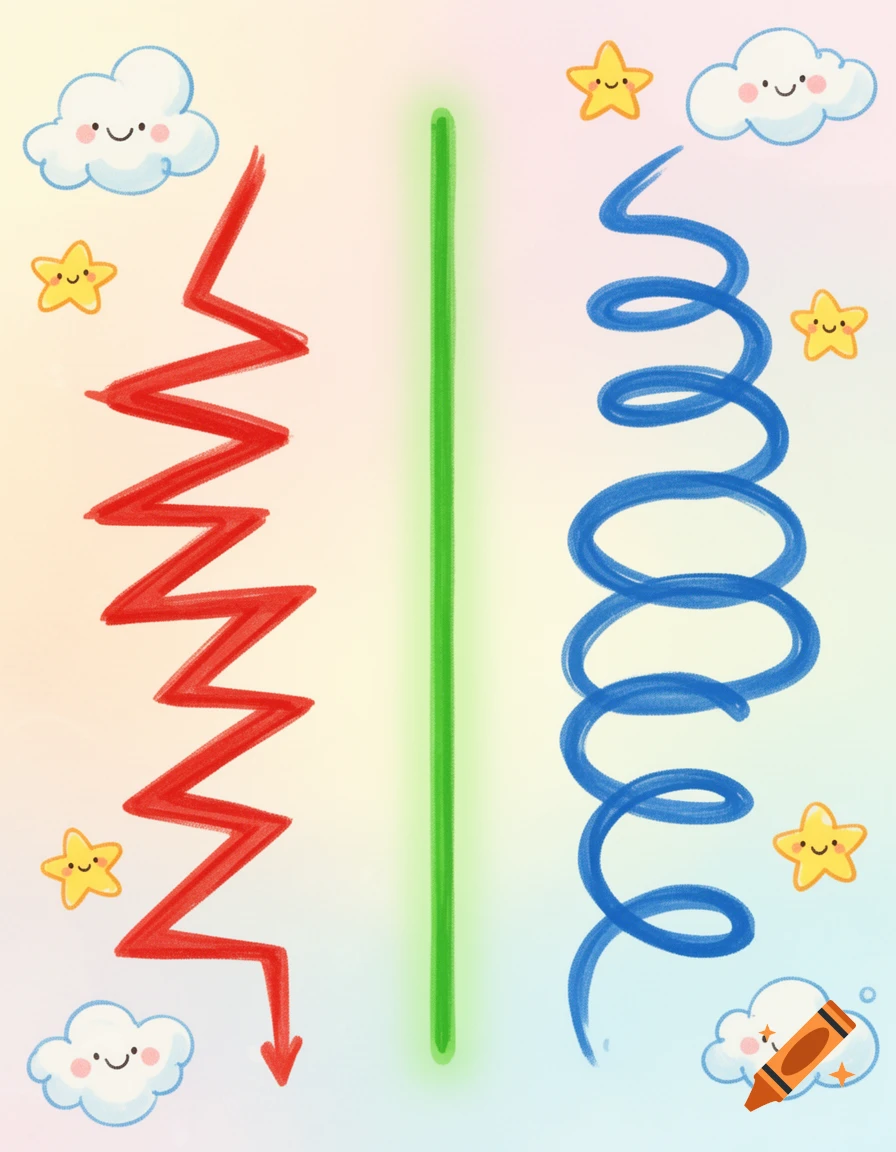 A childlike illustration features a red zigzag line on the left, a straight green line in the middle, and a blue spiral line on the right, all surrounded by smiling clouds and stars.