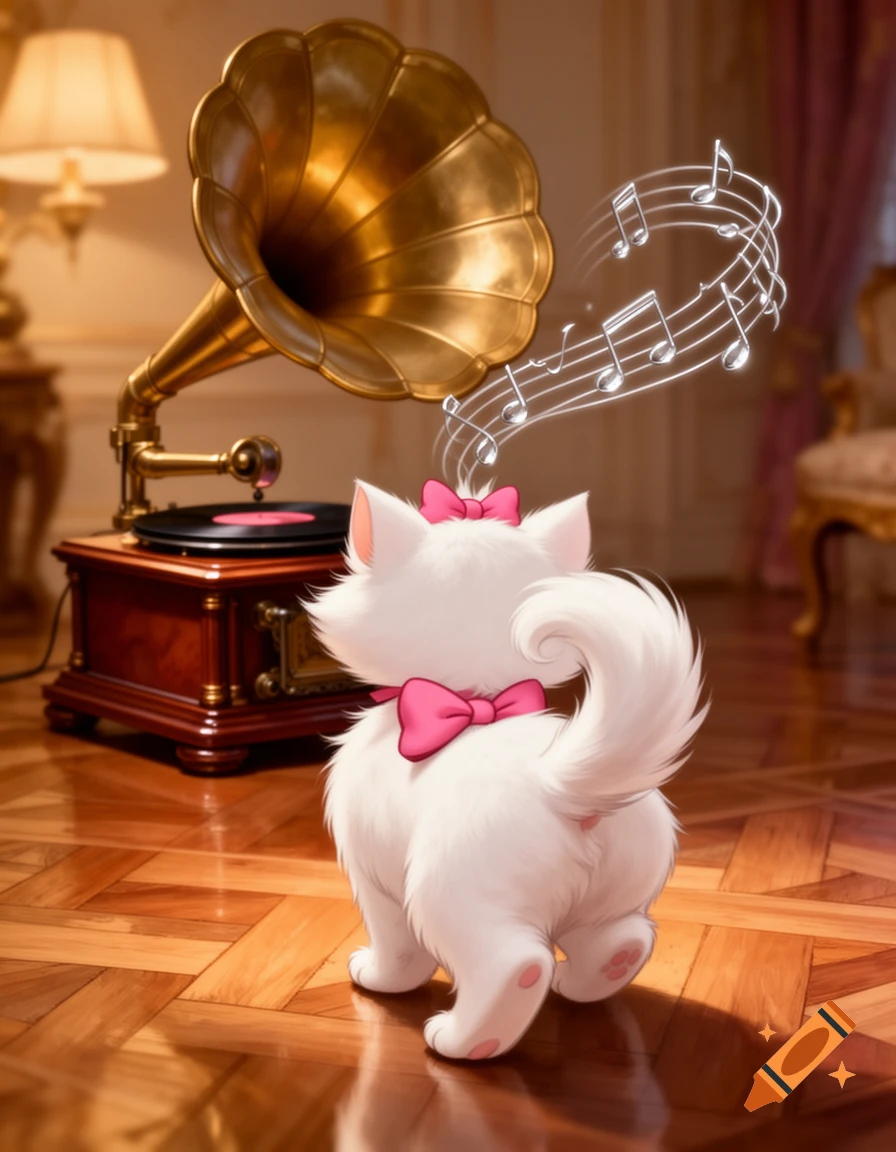 White cartoon kitten Marie with pink bows looks at a golden gramophone with floating musical notes on a polished wooden floor.