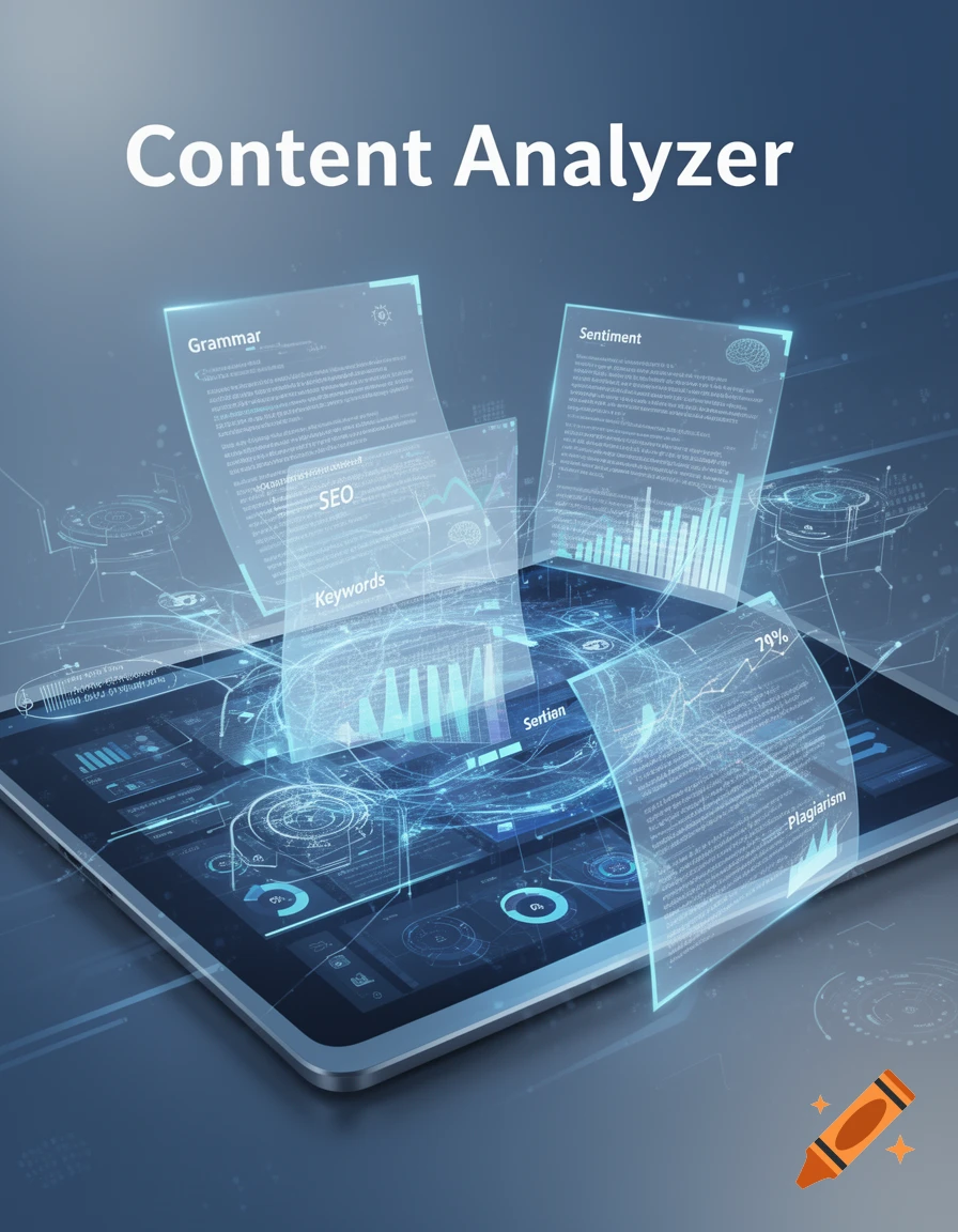 A tablet displays a glowing blue AI content analysis dashboard with holographic screens showing analytics for grammar, sentiment, SEO, keywords, and plagiarism.