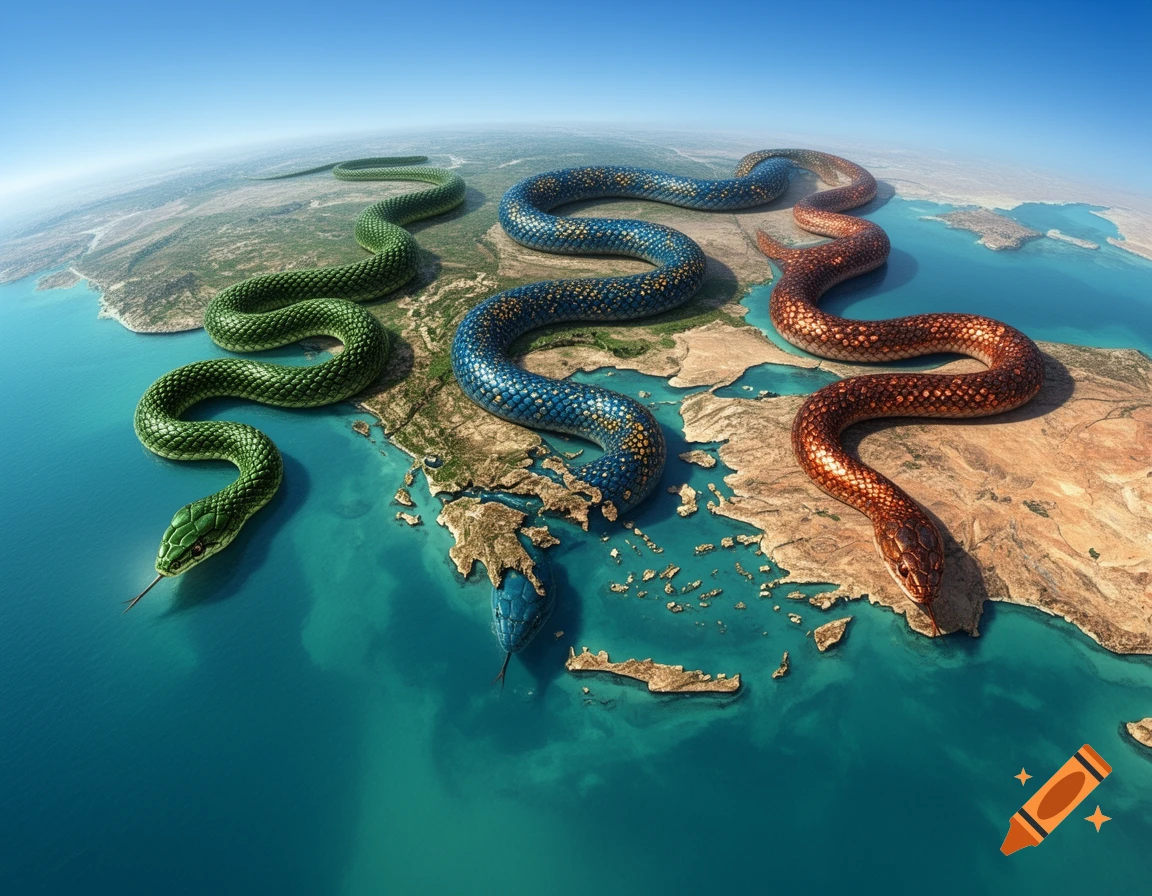 Three giant green, blue, and copper snakes are coiled across a map, forming the Mediterranean coastlines of Italy, Greece, and Turkey.