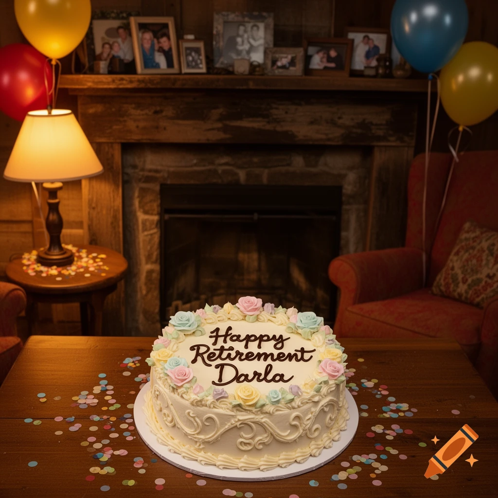 A "Happy Retirement Darla" cake on a wooden table, surrounded by confetti and balloons, with a fireplace in the background.