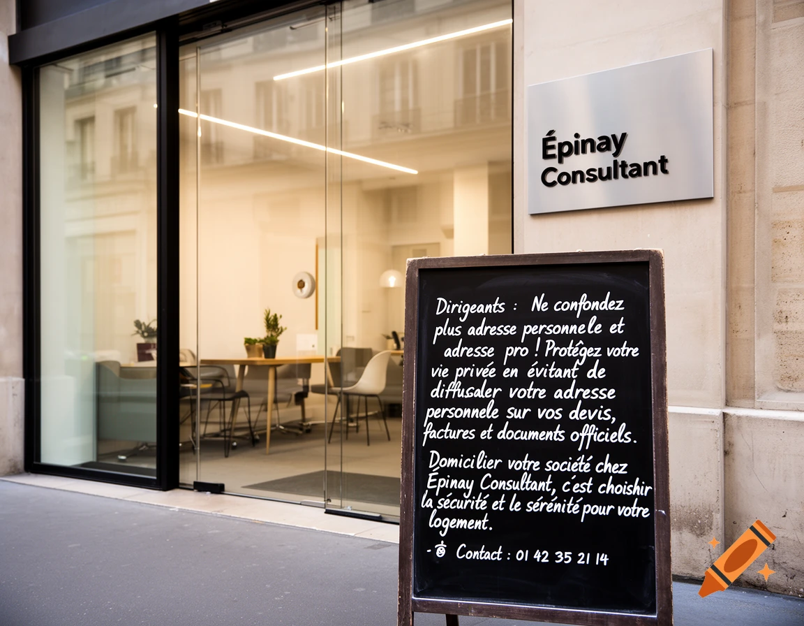 Exterior shot of Épinay Consultant office with a glass facade and a chalkboard sign displaying text. A modern interior is visible through the glass.