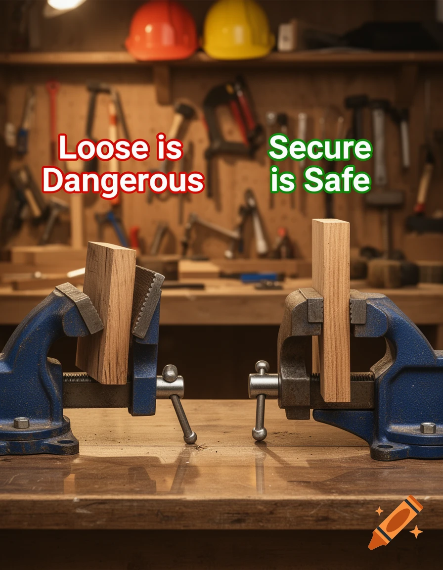 A safety poster showing two vises on a workbench, one holding wood loosely with text 'Loose is Dangerous', the other holding wood tightly with text 'Secure is Safe'.