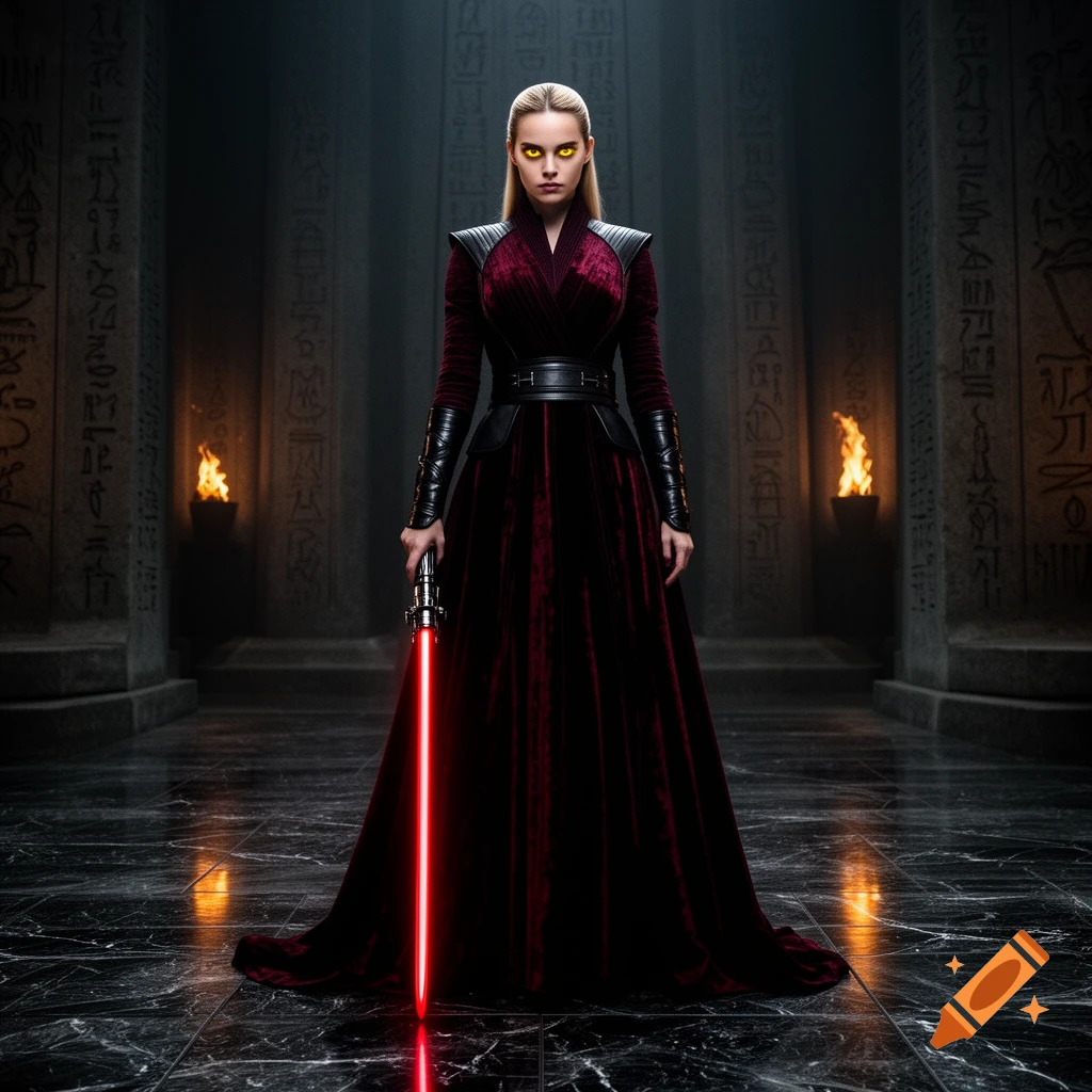 A woman with glowing yellow eyes, dressed in a red velvet gown and black armor, holds a red lightsaber in a dark, ancient temple with hieroglyphs.