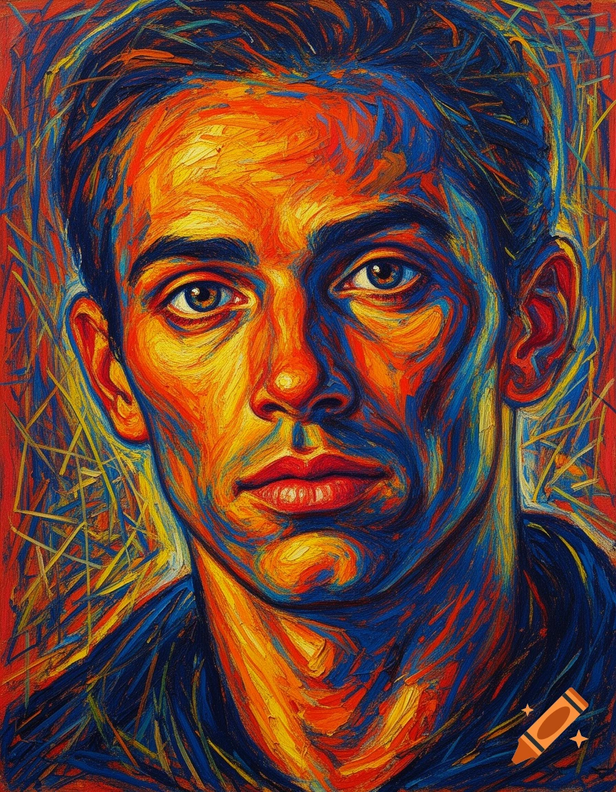 Close-up expressionist painting of a man's face with vibrant orange, yellow, and blue brushstrokes on a red background.