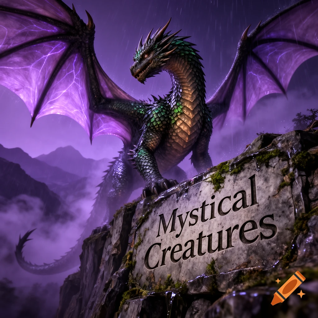 A vibrant green and purple dragon with glowing wings perches on a cliff with "Mystical Creatures" carved on a stone slab, under a stormy violet sky.