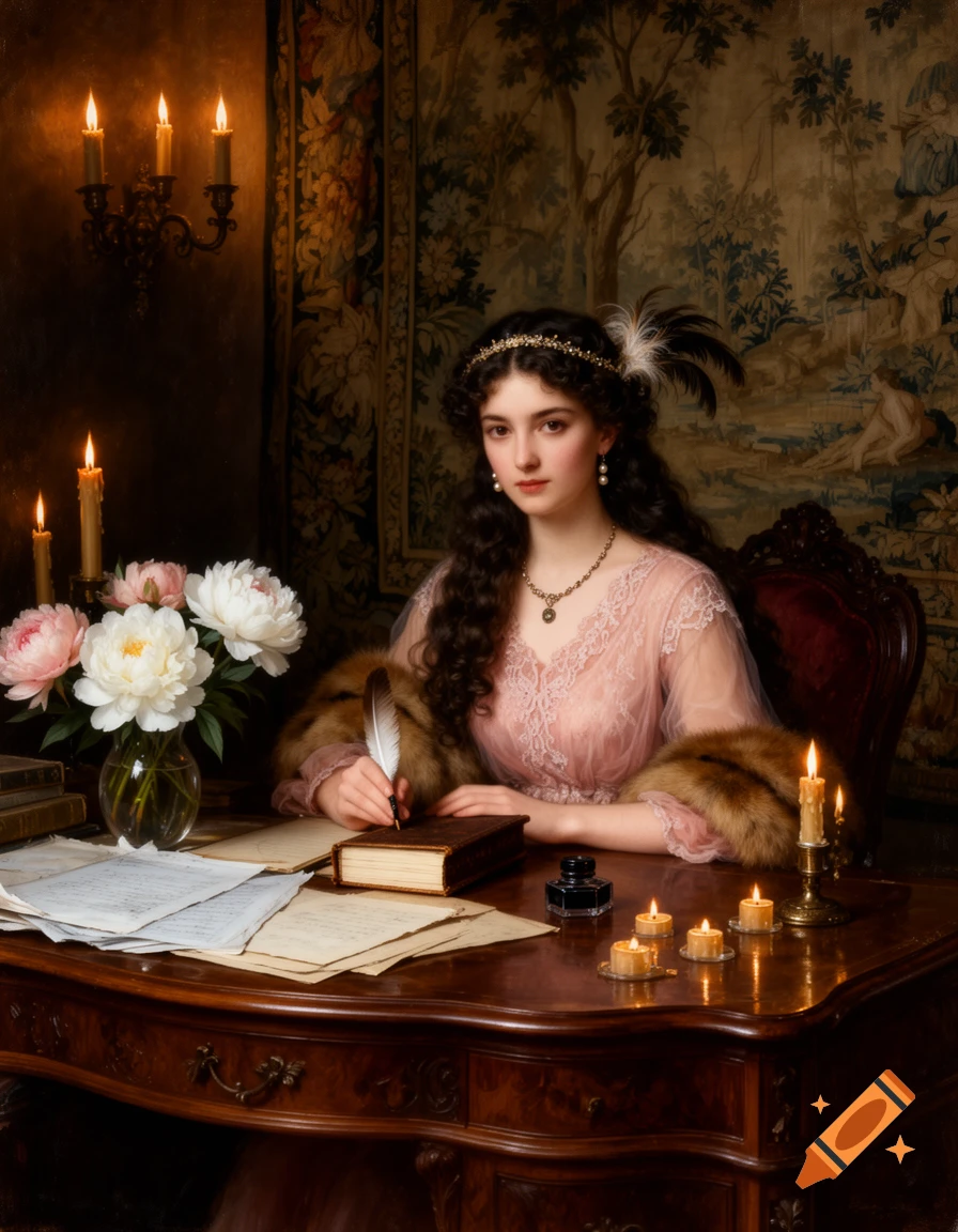 A young woman in a pink lace dress and fur stole sits at a mahogany desk, writing with a quill pen. Peonies and candles adorn the desk, with a tapestry in the background, in a painterly style.