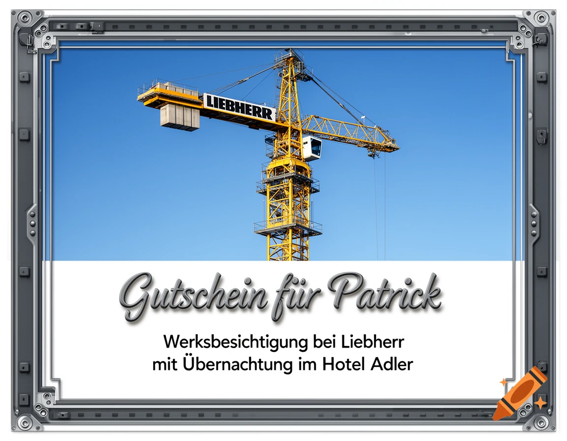 A gift voucher with a large yellow Liebherr crane against a blue sky, above a white section with German text in decorative and sans-serif fonts.