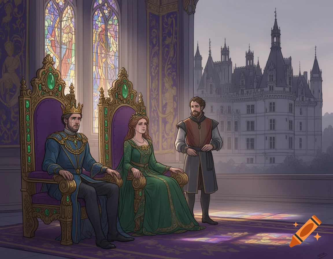 Illustrated crying king and queen on ornate thrones in a grand hall with stained glass, a servant nearby, and a castle in the background.