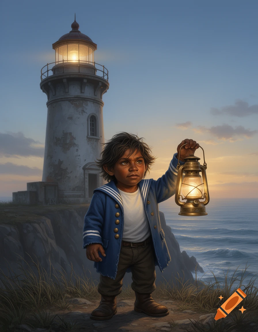 A brown-skinned halfling in a blue coat holds a lantern on a cliff beside a lighthouse overlooking the ocean at dusk, digital painting.