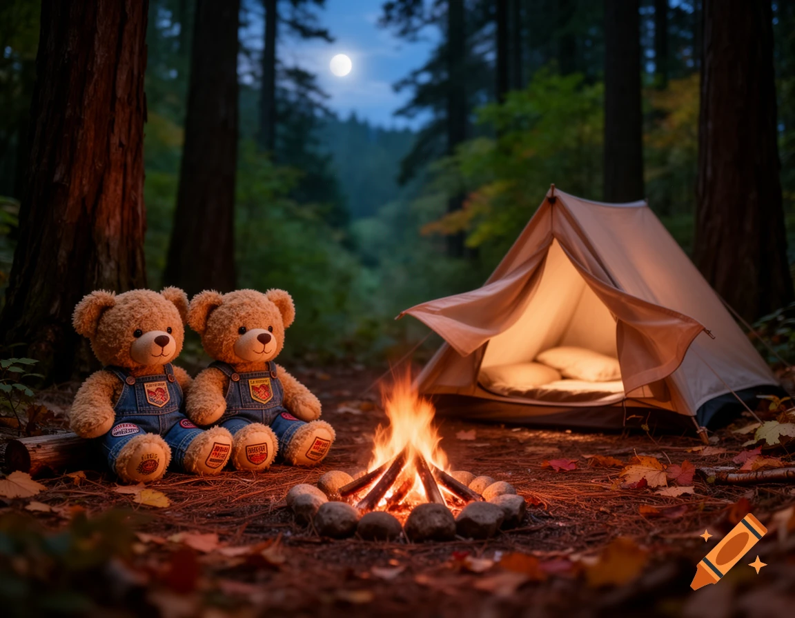 Two teddy bears sit by a campfire in front of a lit tent in a moonlit forest at night.