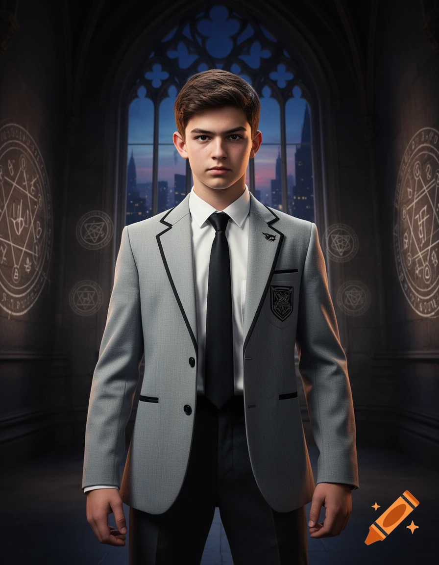 A poised 16-year-old male student in a grey uniform and black tie stands in a gothic academy hall with arcane symbols on the walls and a cityscape view.