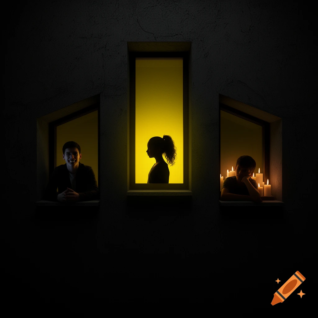 Three silhouettes in windows on a dark wall: a boy with vampire teeth, a girl with a ponytail, and a boy with candles.