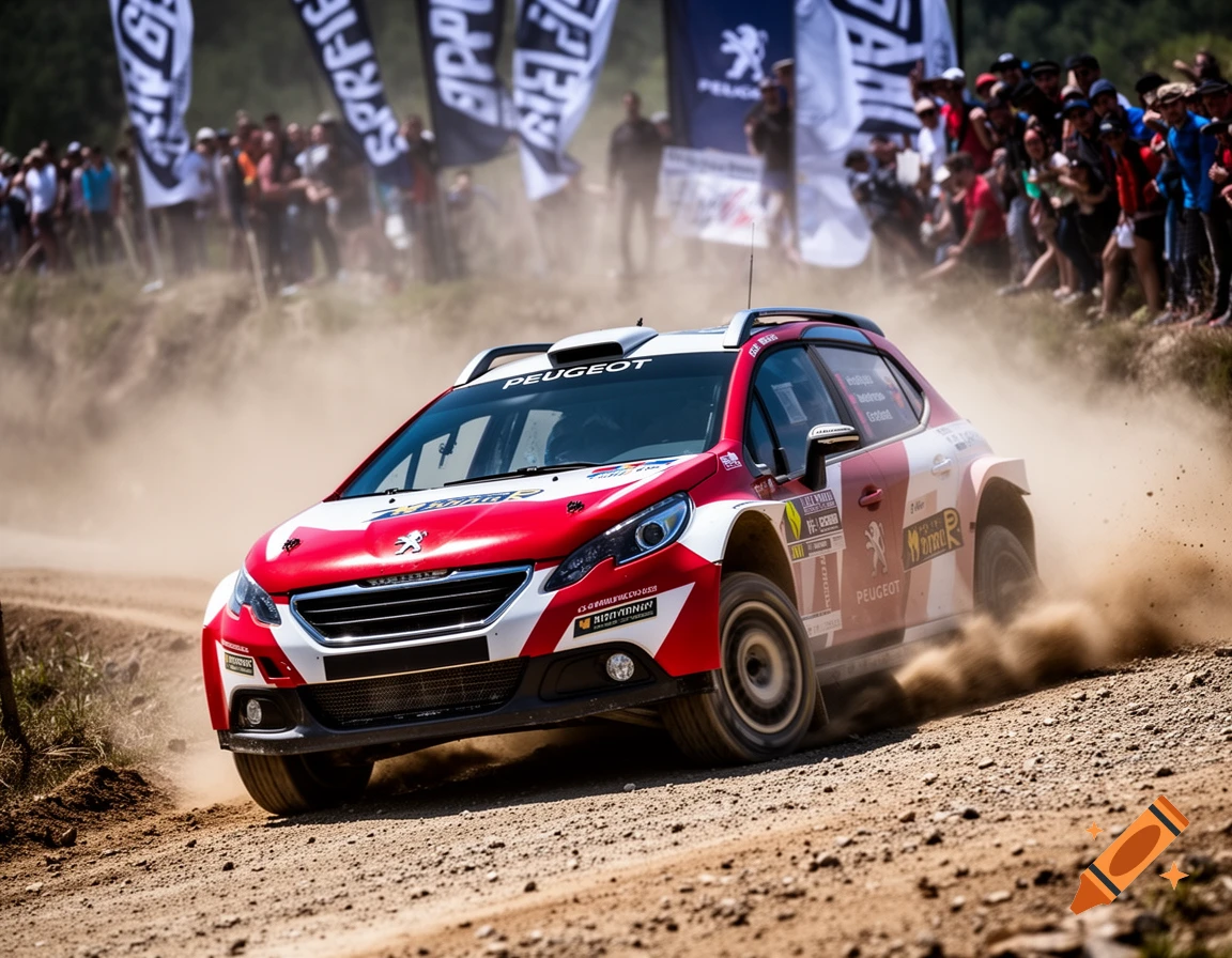 A red and white Peugeot rally car kicks up dust as it speeds on a dirt track, with spectators and flags in the background.