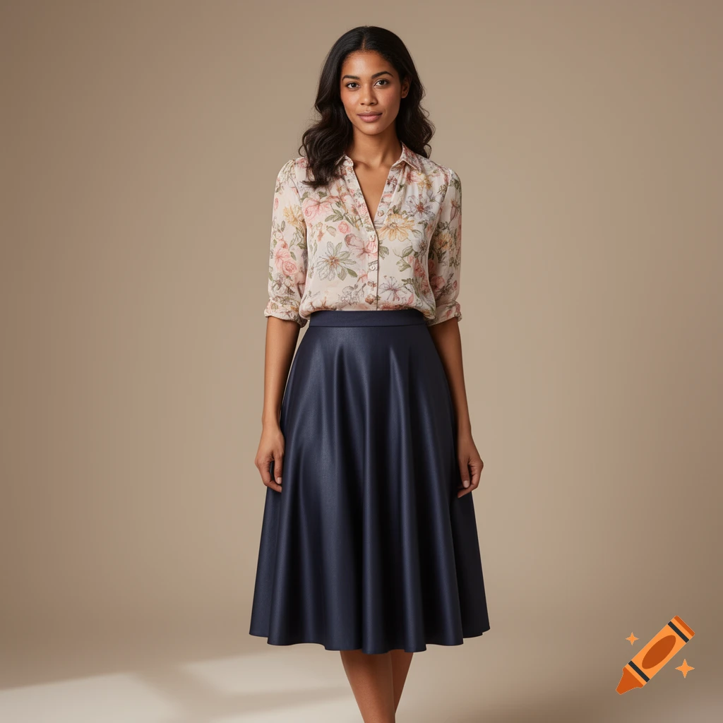 A woman with dark hair stands facing forward, wearing a floral blouse and a dark blue midi skirt.
