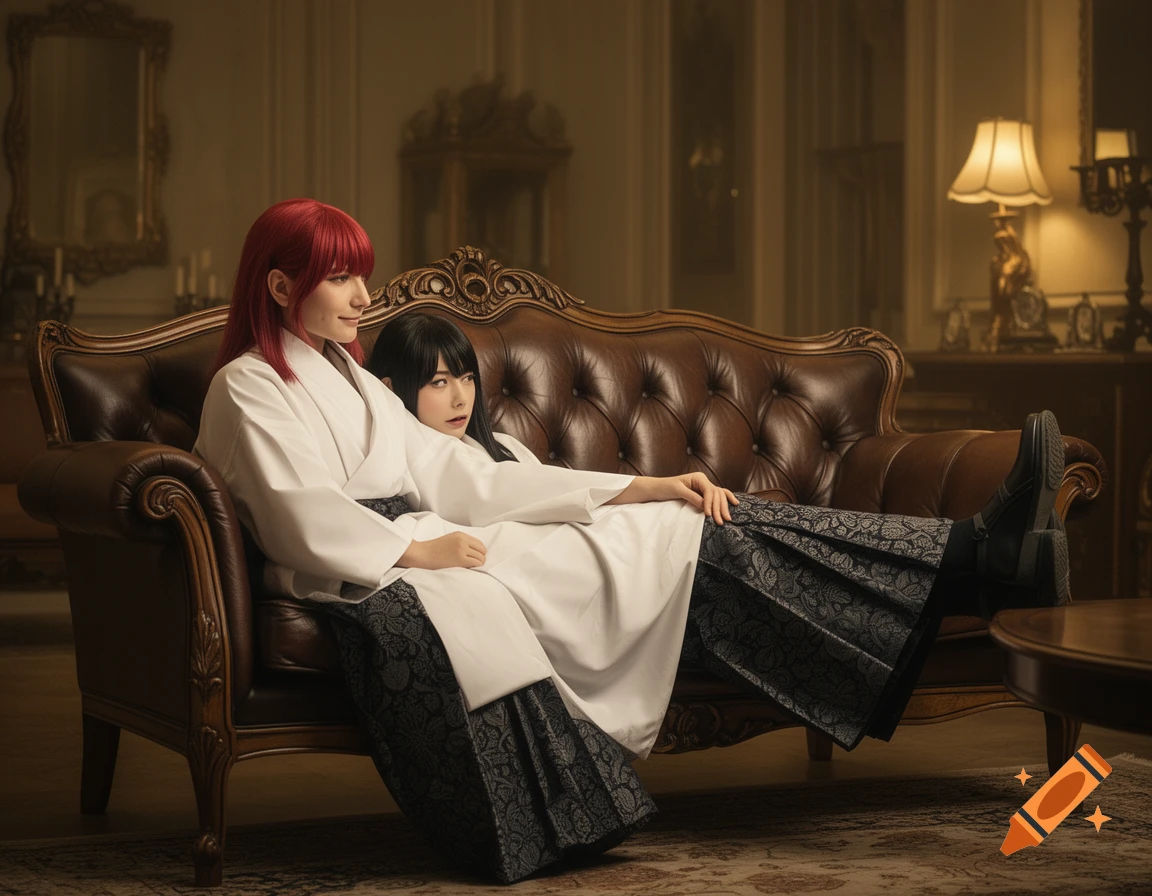 A red-haired woman and a black-haired woman in traditional Japanese attire relax on an ornate brown leather couch in a dimly lit, luxurious room.