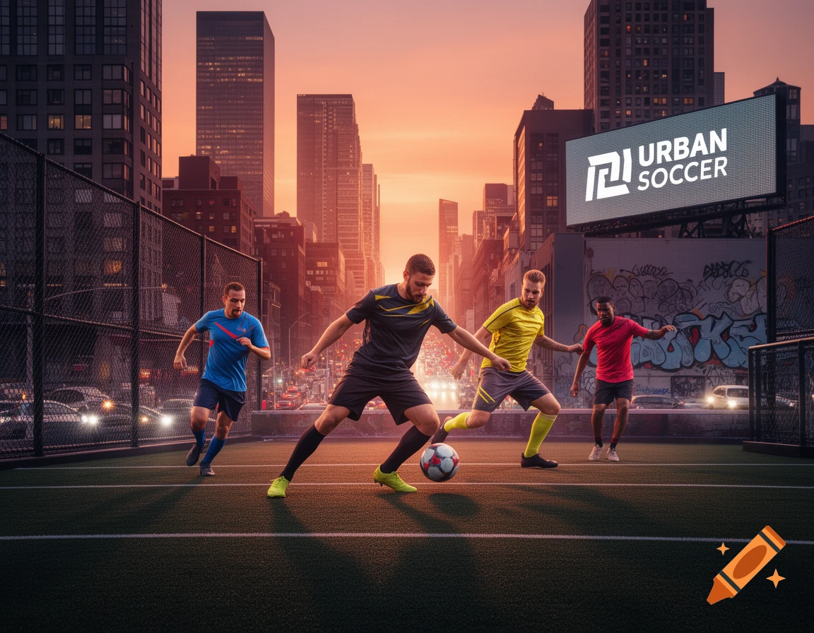 Four men play soccer on an urban pitch at sunset, with city buildings and a billboard displaying 'Urban Soccer' in the background.