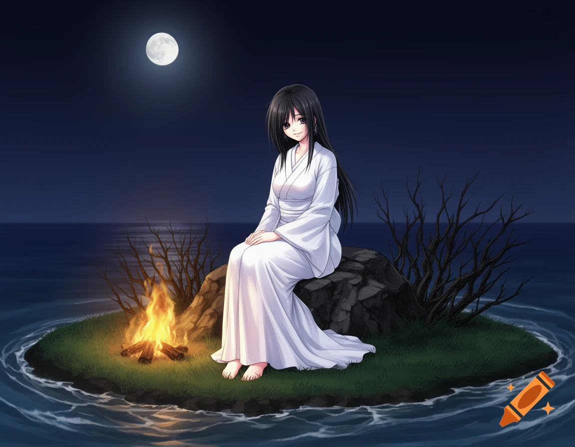 Anime art of a black-haired Japanese ghost woman in a white kimono sitting on a rock by a campfire on a small island in a moonlit ocean.