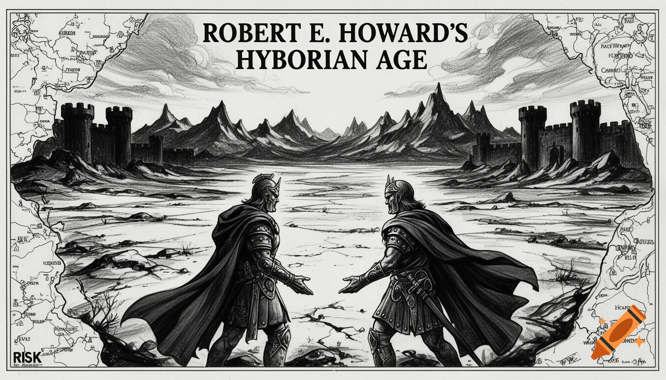 Black and white line drawing of a fantasy map with two armored warriors facing each other, castles, and mountains in a desolate landscape.