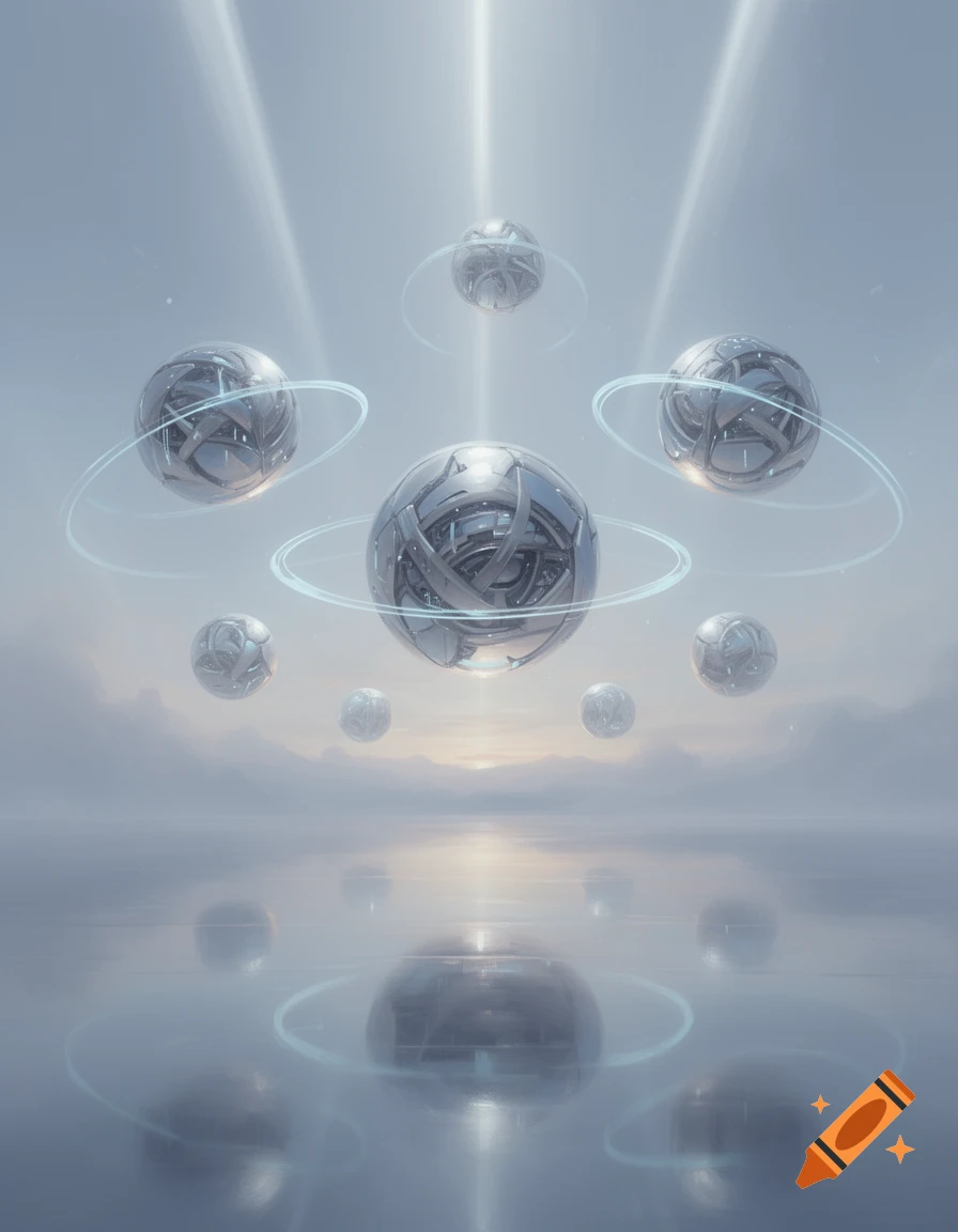 Serene, atmospheric scene with multiple intricate futuristic spheres floating above a misty, reflective surface under soft light.