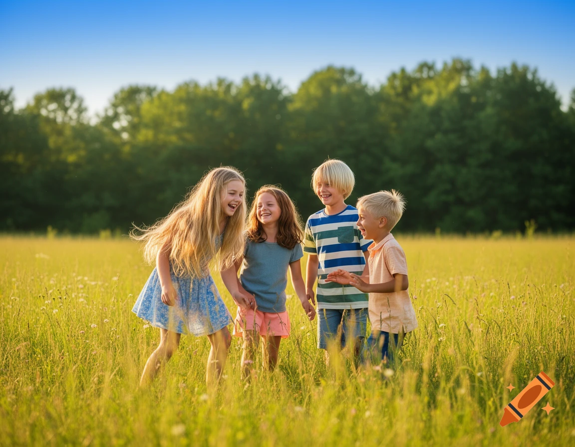 Four cheerful children laughing and playing in a sunny green meadow with trees in the background.