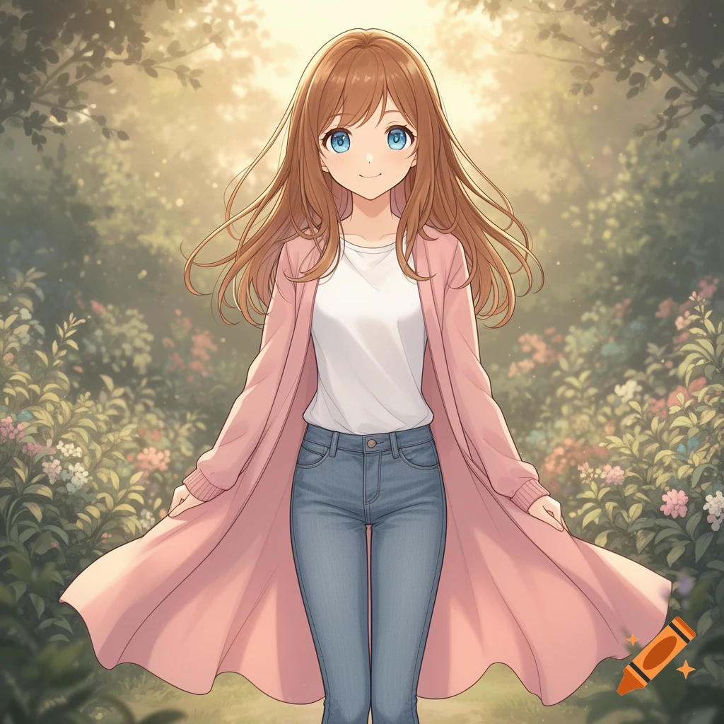 A smiling anime girl with brown hair and blue eyes, wearing a pink duster cardigan and jeans, stands in a sunlit garden.