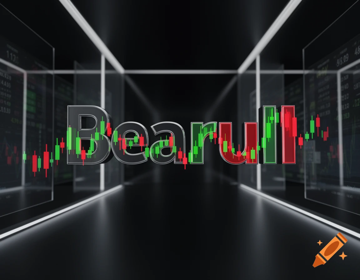 A 3D rendering of 'Bearull' where the 'rull' letters are red and green stock market candlesticks, set in a dark, futuristic room with financial charts.