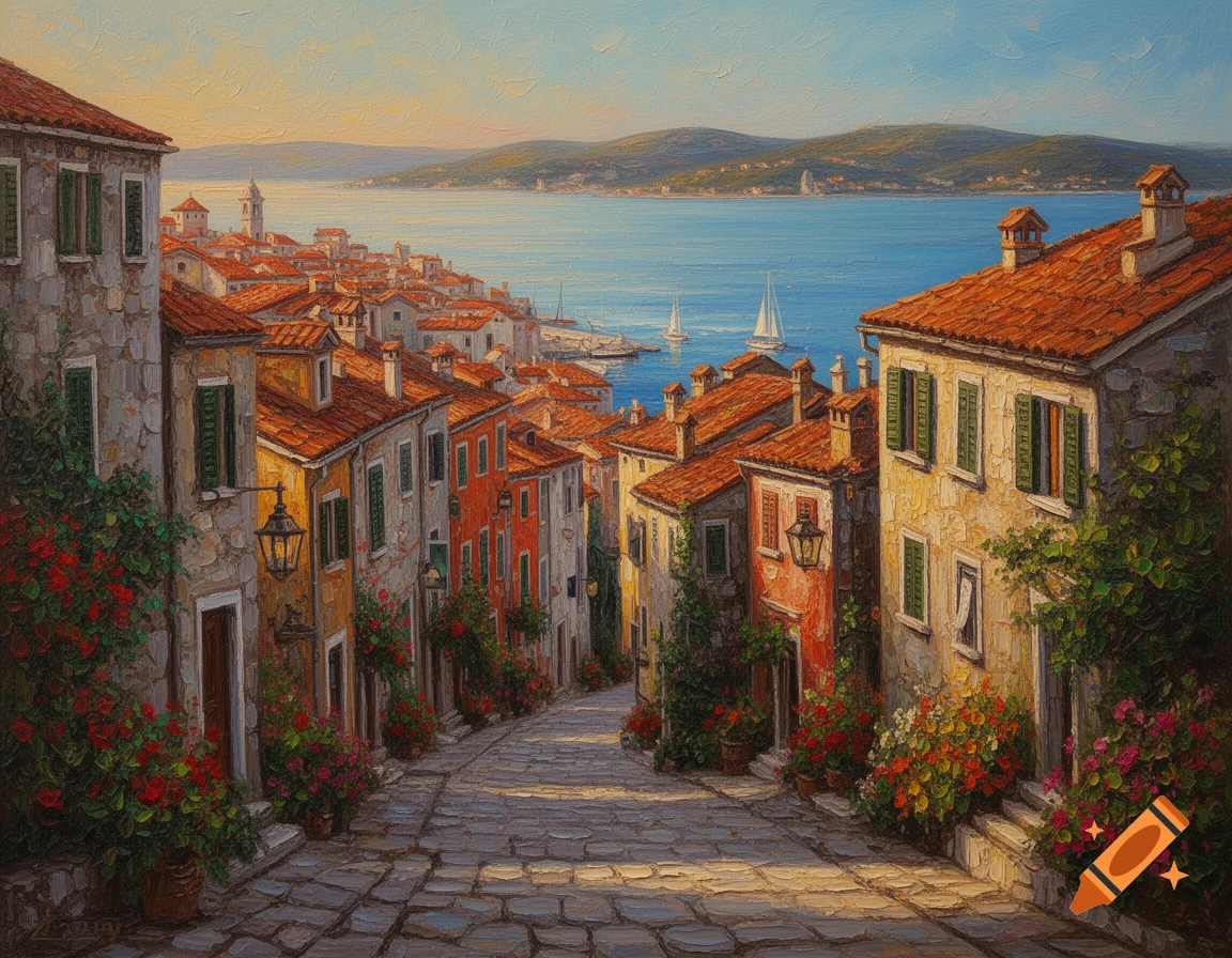 Oil painting of a sunny Mediterranean coastal town with red-roofed buildings and cobblestone streets leading to a sparkling blue sea with sailboats.