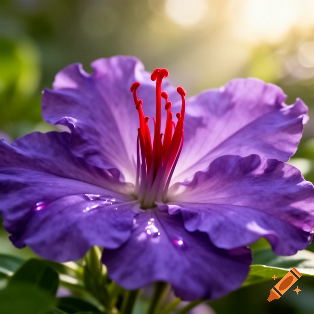 Close-up of a vibrant purple flower with bright red stamens, glistening with dewdrops, bathed in warm sunlight.