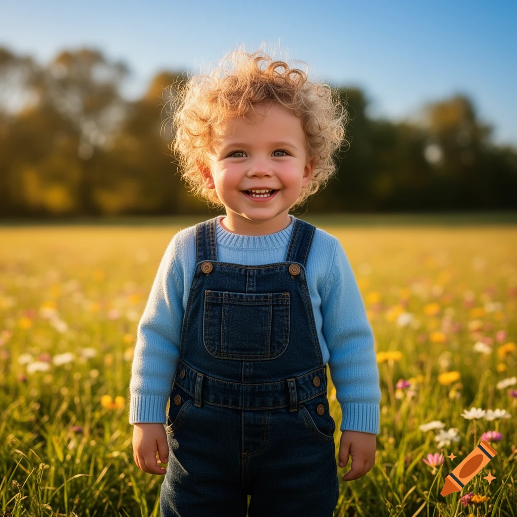 A smiling toddler with curly blonde hair in blue overalls and a sweater stands in a sunlit field of wildflowers.
