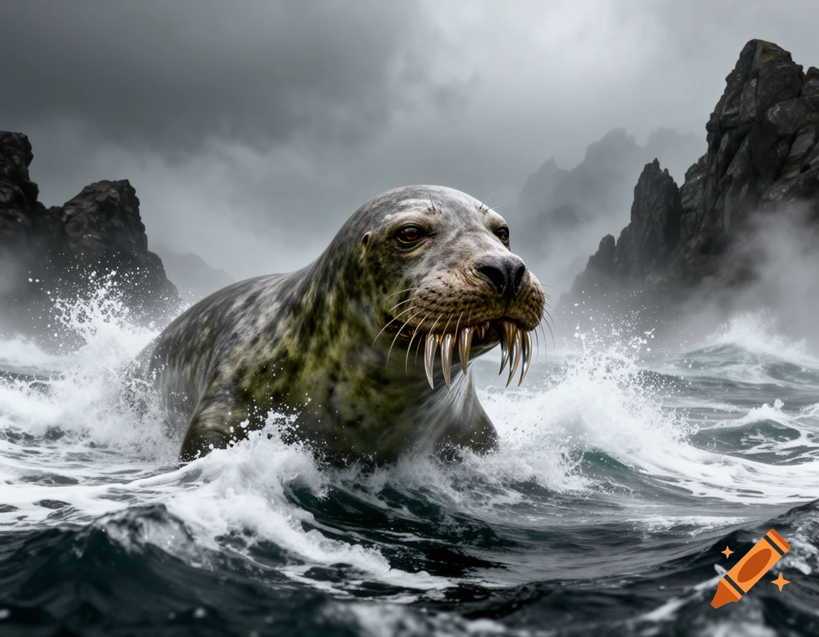 A monstrous seal with sharp teeth emerges from stormy ocean waves under a dramatic, cloudy sky with rocky cliffs. Photorealistic style.