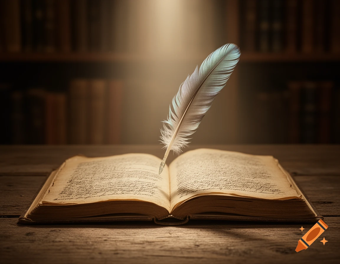 Photorealistic image of an open antique book with a quill feather on its pages, illuminated by a ray of light, on a wooden table.