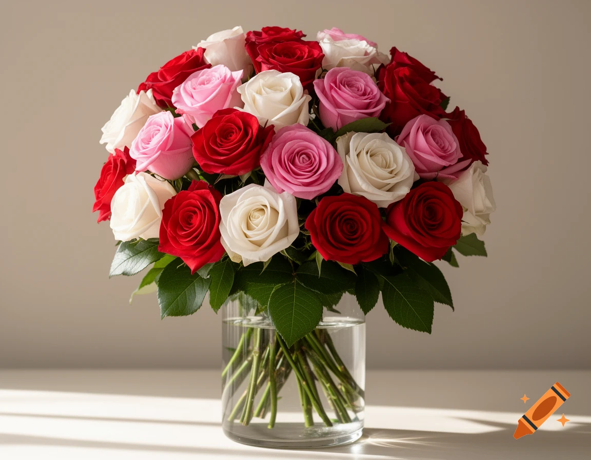 A vibrant bouquet of red, pink, and white roses in a clear glass vase on a light surface, illuminated by natural light.