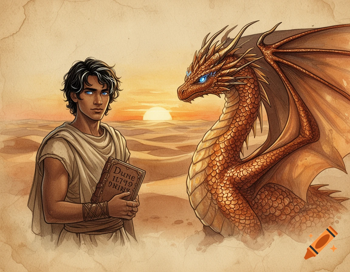 A young man with dark hair and blue eyes holds a book next to a golden dragon in a desert sunset, in a parchment style.