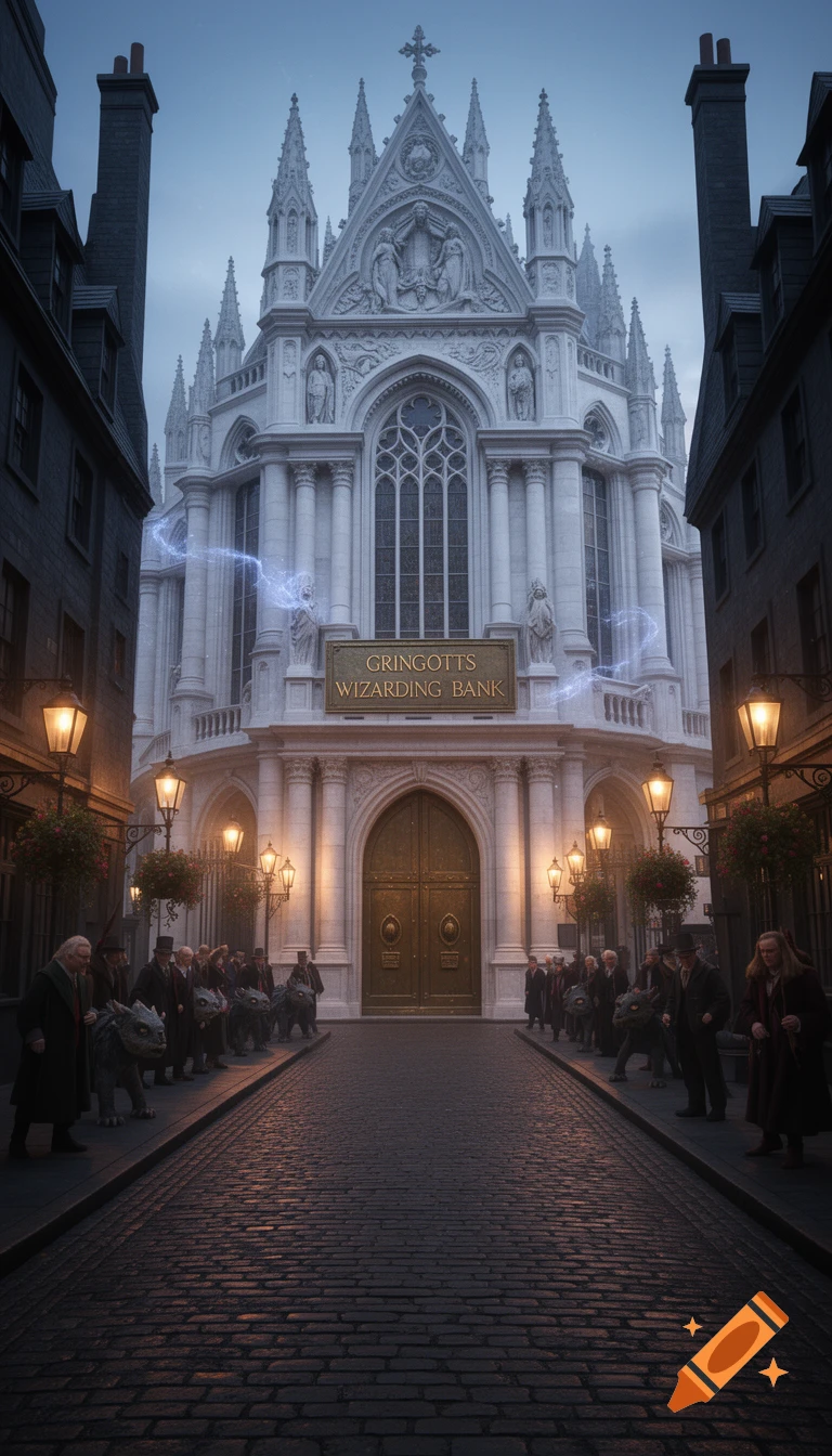A towering, ornate white bank building with gilded doors and a "Gringotts Wizarding Bank" sign, flanked by dark, narrow buildings on a cobblestone street with people and goblin-like creatures.
