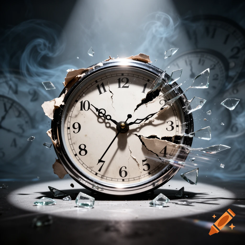 A dramatic, photorealistic image of a vintage alarm clock shattering into glass shards and torn paper, against a dark, smoky background.