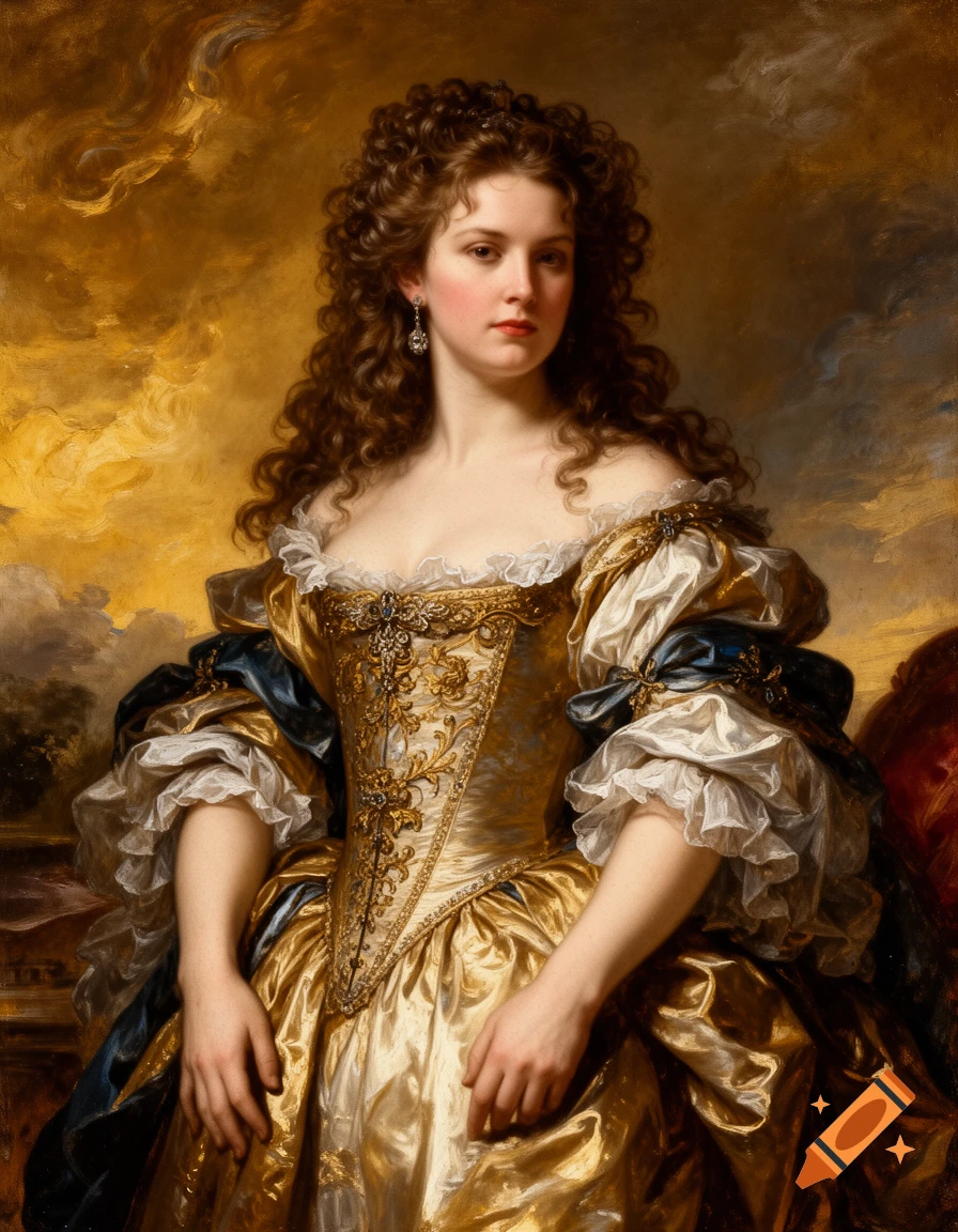 A baroque oil painting of a woman with long curly brown hair, wearing an ornate golden and blue gown, against a cloudy golden background.