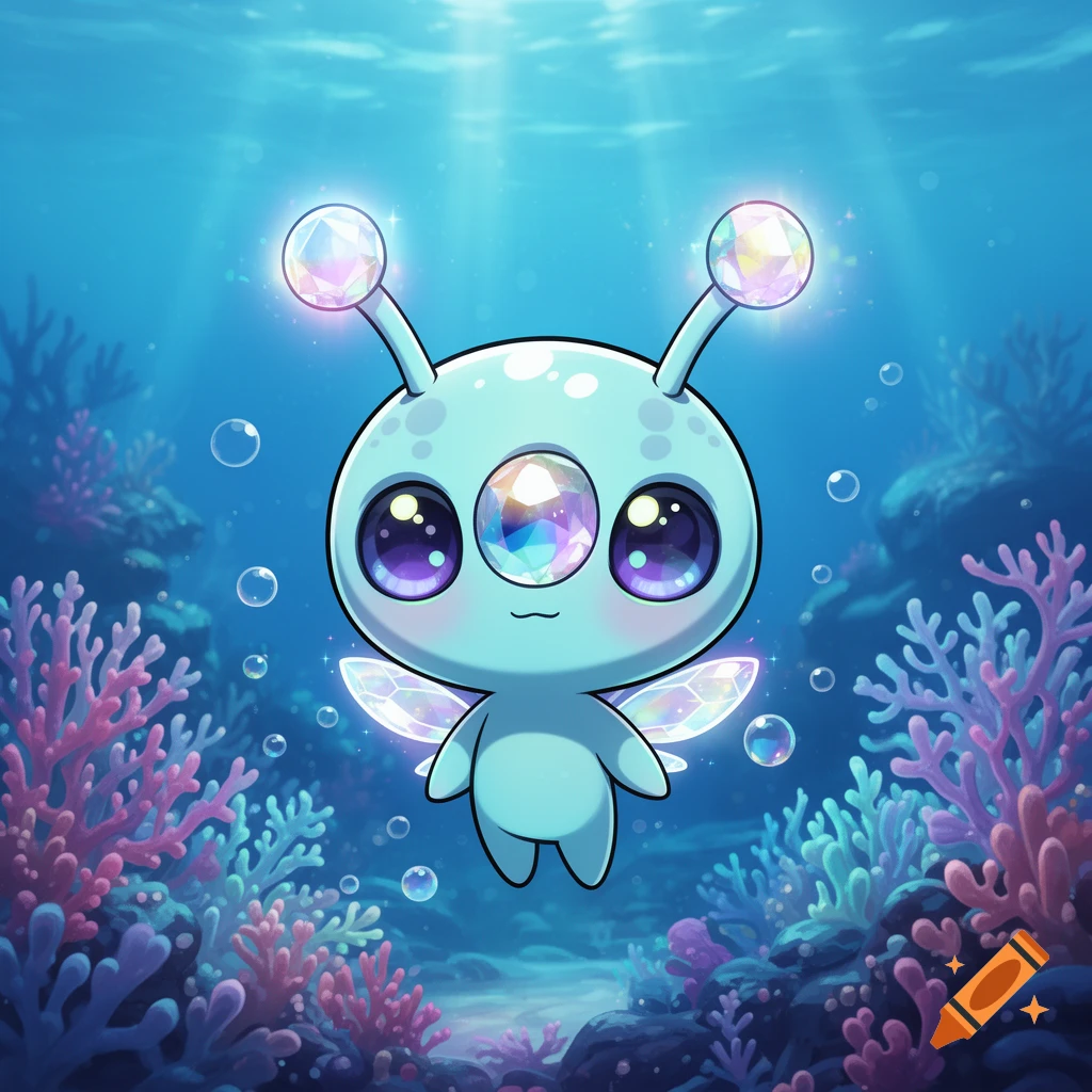 A cute 2D chibi alien with three shiny eyes, glowing antenna ears, and tiny wings floats in a vibrant underwater world with coral.